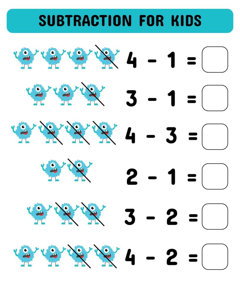 subtração jogos para crianças com fofa monstros. educacional matemática jogo. imprimível planilha Projeto. Aprendendo matemática. vetor