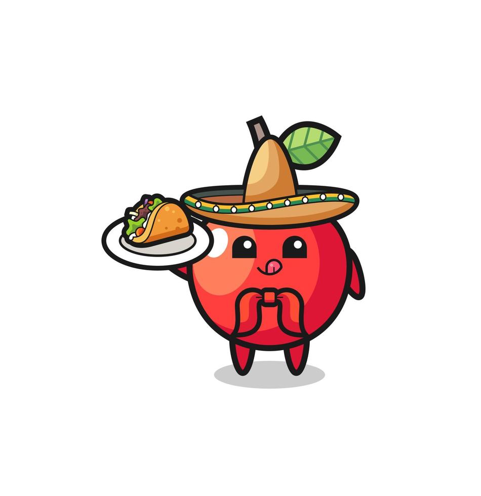 mascote do chef mexicano cereja segurando um taco vetor