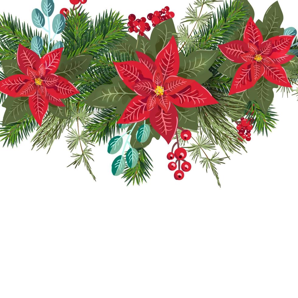 guirlanda de composição floral de vetor de Natal com galhos de cone de inverno e bagas. design moderno para cartaz de cartão de convite de férias, cartão de banner, impressão de embalagem de cartão postal