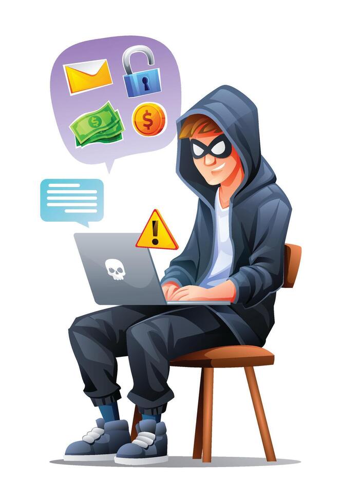 hacker sentado com computador portátil para computador ataque. cyber ataque e segurança conceito. vetor desenho animado ilustração