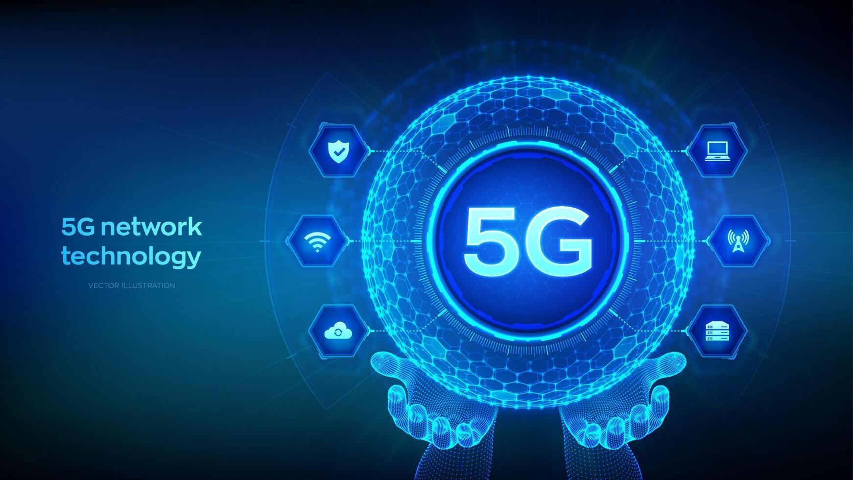 5g rede sem fio sistemas, Internet do coisas tecnologia conceito dentro a forma do esfera com hexágono rede padronizar dentro estrutura de arame mãos. 5g sem fio Móvel Internet Wi-fi conexão. vetor ilustração