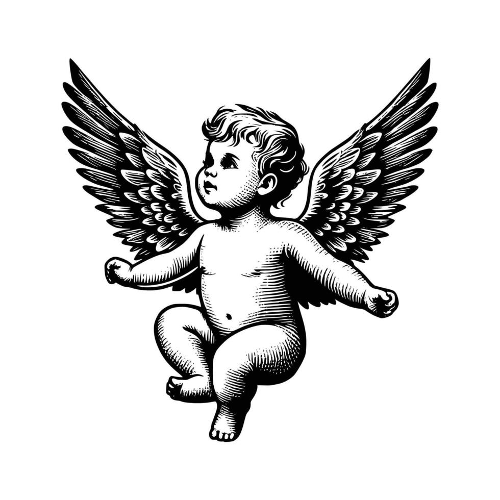 mão desenhado bebê anjo vetor ilustração. Preto e branco cupido anjo isolado branco fundo