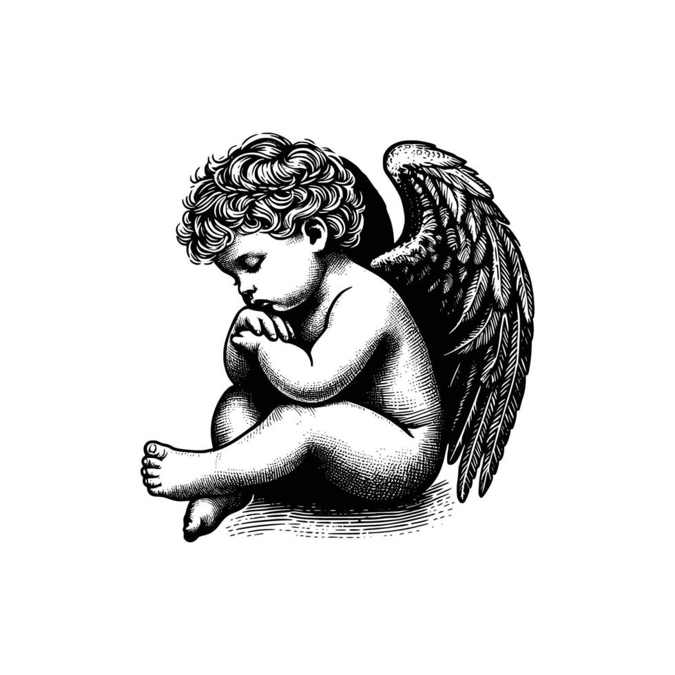 mão desenhado bebê anjo vetor ilustração. Preto e branco cupido anjo isolado branco fundo