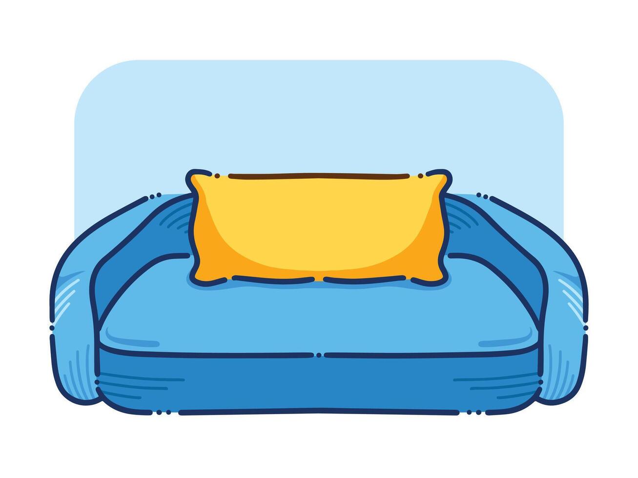 azul sofá assentos com amarelo travesseiro vetor ilustração isolado em horizontal fundo. pop artístico estilizado assento. simples plano desenho animado arte estilizado confortável sofá desenho.