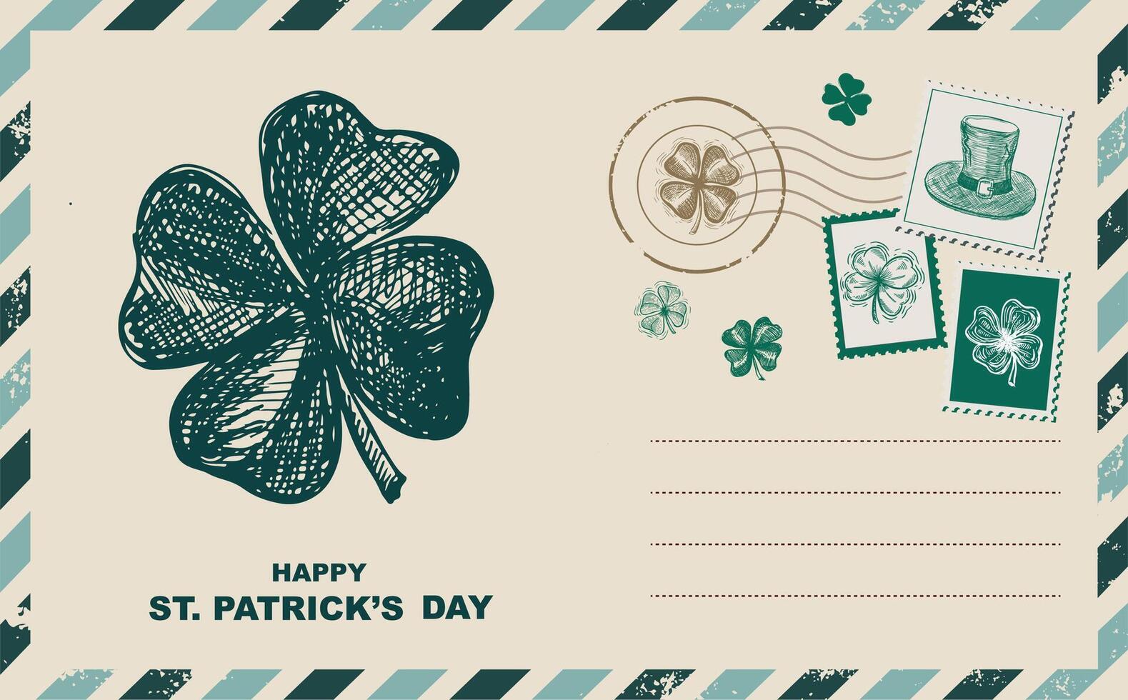 st. patrick's dia definir, selos, correspondência, cartão postal, mão desenhado ilustrações vetor