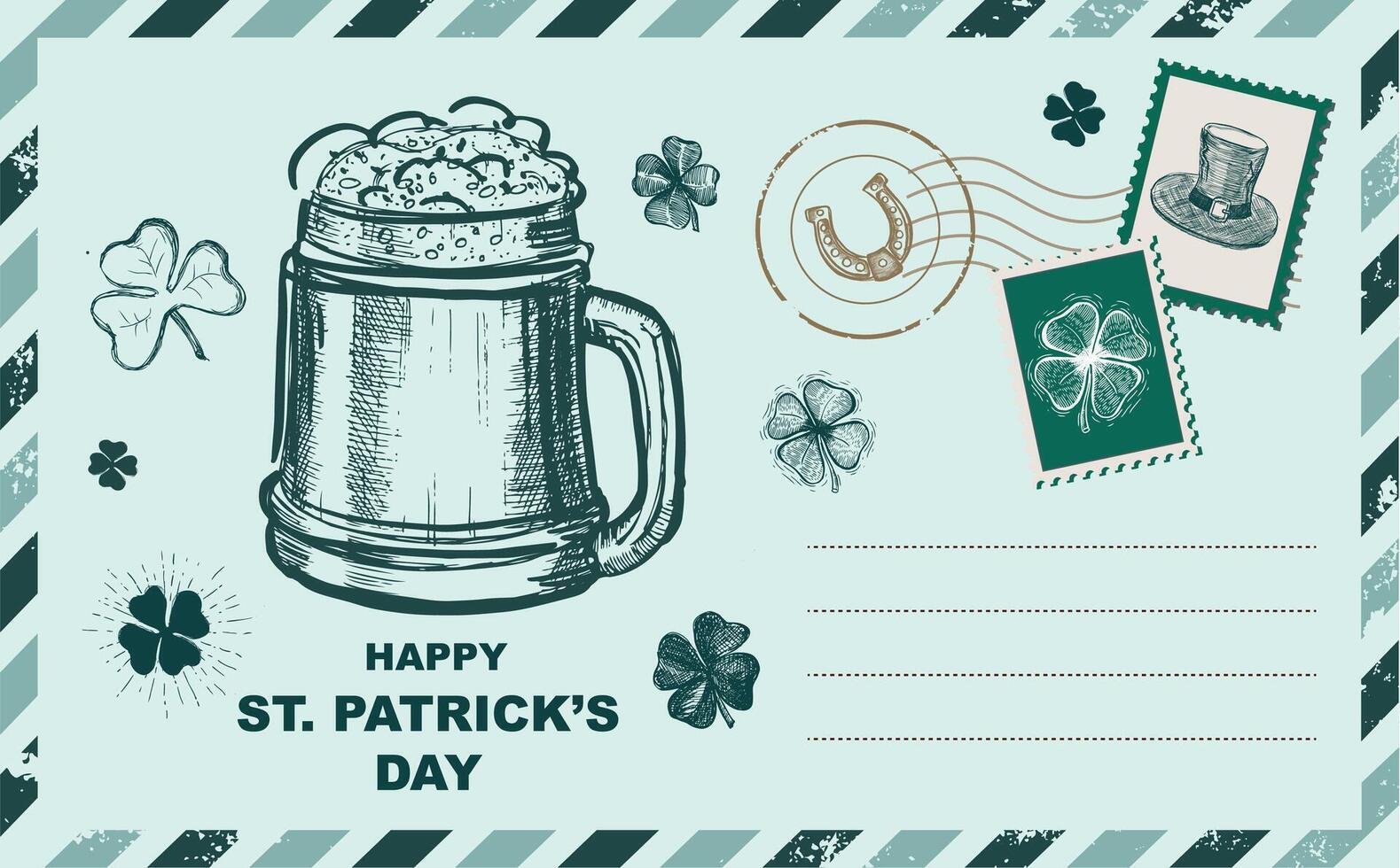 st. patrick's dia definir, selos, correspondência, cartão postal, mão desenhado ilustrações vetor