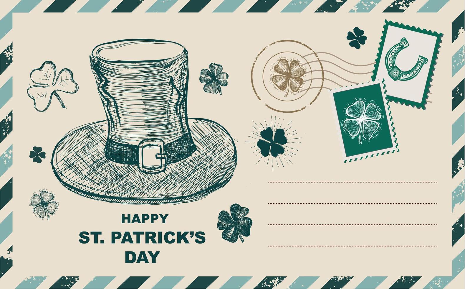 st. patrick's dia definir, selos, correspondência, cartão postal, mão desenhado ilustrações vetor