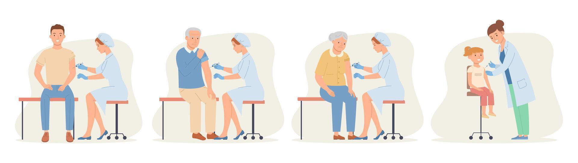 enfermeiras vacinar pessoas com vacina injeção para doenças e vírus prevenção. vacinação do adultos, crianças e envelhecido pacientes. colori plano vetor ilustração isolado em branco fundo.