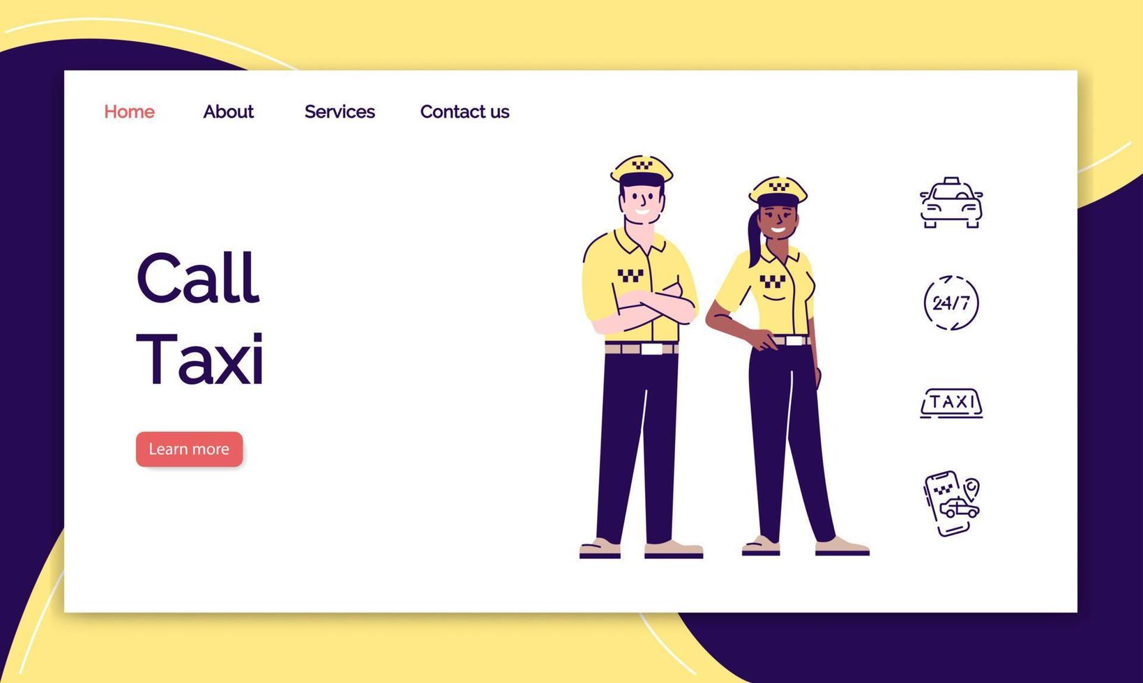 modelo de vetor de página de destino de chamada de táxi. motorista de táxi pedir ideia de interface de site com ilustrações planas. táxi, layout da página inicial do serviço de transporte de passageiros. banner da web, conceito de desenho de página da web