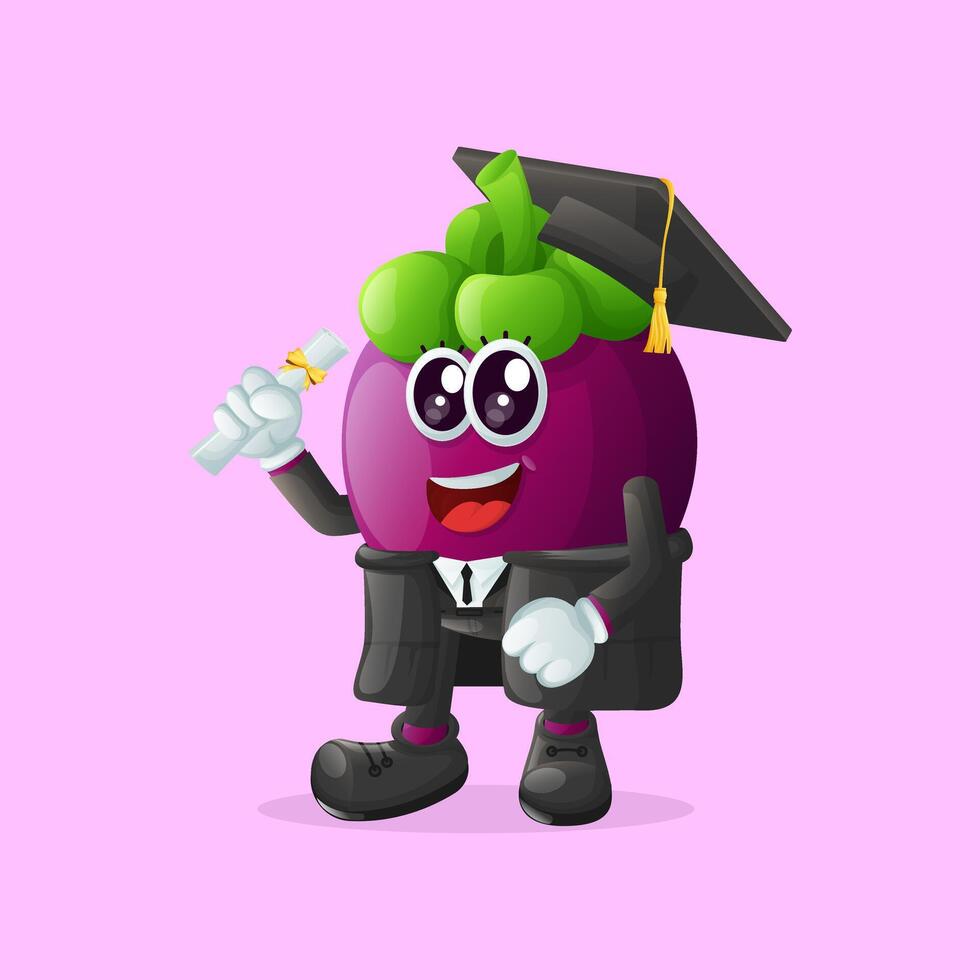 fofa mangostão personagem vestindo uma graduação boné e segurando uma diploma vetor