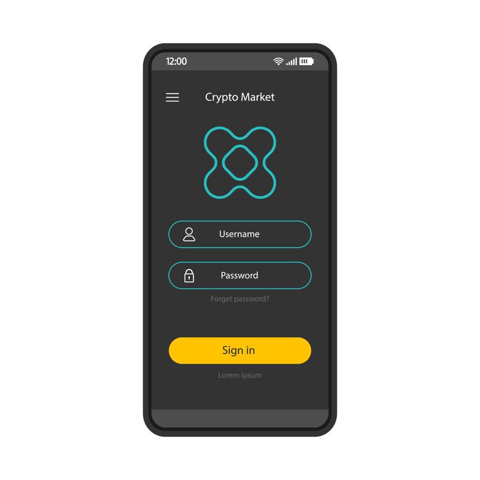 Modelo de página de smartphone de plataforma de negociação de criptomoeda. login da conta do crypto market. layout do design da interface do aplicativo móvel. login, tela de inscrição. aplicativo de interface do usuário plana. registro do usuário vetor