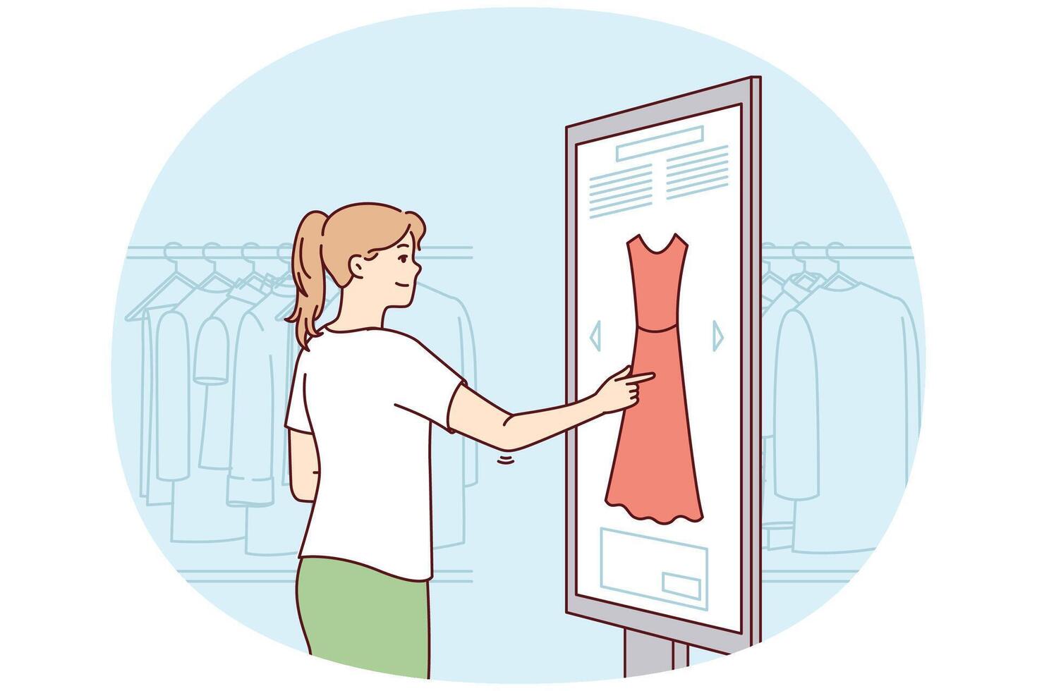 roupas loja cliente mulher usar digital toque painel para selecionar vestir adequado estilo. vetor imagem