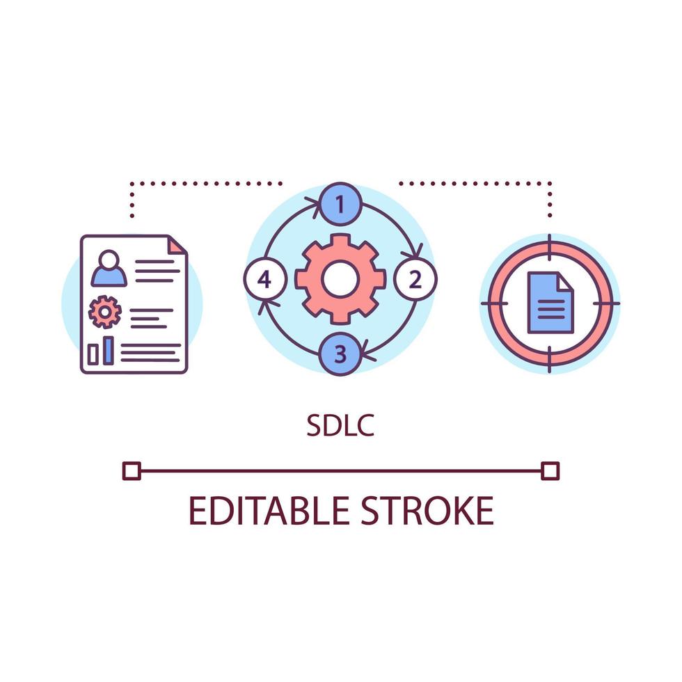 ícone do conceito sdlc. ciclo de vida de desenvolvimento de software. Gerenciamento de Projetos. administração da empresa. ilustração de linha fina de ideia de plano de negócios. desenho de contorno isolado do vetor. curso editável vetor