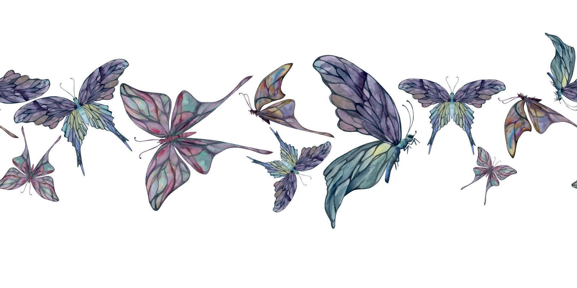 mão desenhado aguarela ilustração borboleta fada asas gema cristal inseto mariposa. ametista esmeralda fluorita Moonstone. desatado fronteira isolado branco fundo. Projeto imprimir, comprar, casamento, aniversário vetor