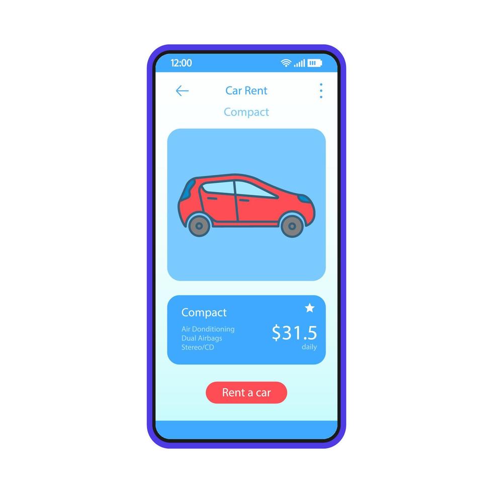 modelo de vetor de interface de app de aluguel de carro. layout de design azul da interface do aplicativo móvel. serviço de aluguel de automóveis de smartphones. carona solidária. flat ui. tela do telefone com preço de automóvel compacto