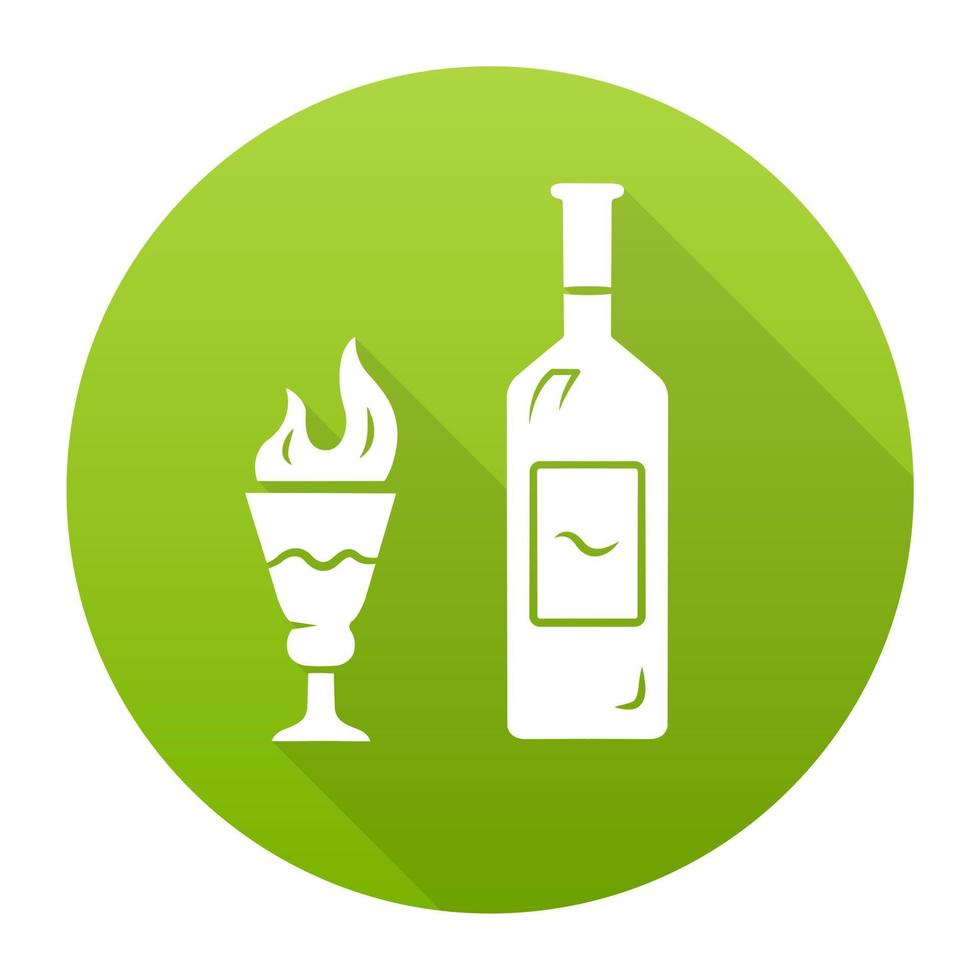 ícone de glifo sombra longa design plano verde absinto. garrafa e vidro de pé alto com tiro flamejante. bebida destilada com alto teor alcoólico, licor. bebida alcoólica, bebida. ilustração da silhueta do vetor