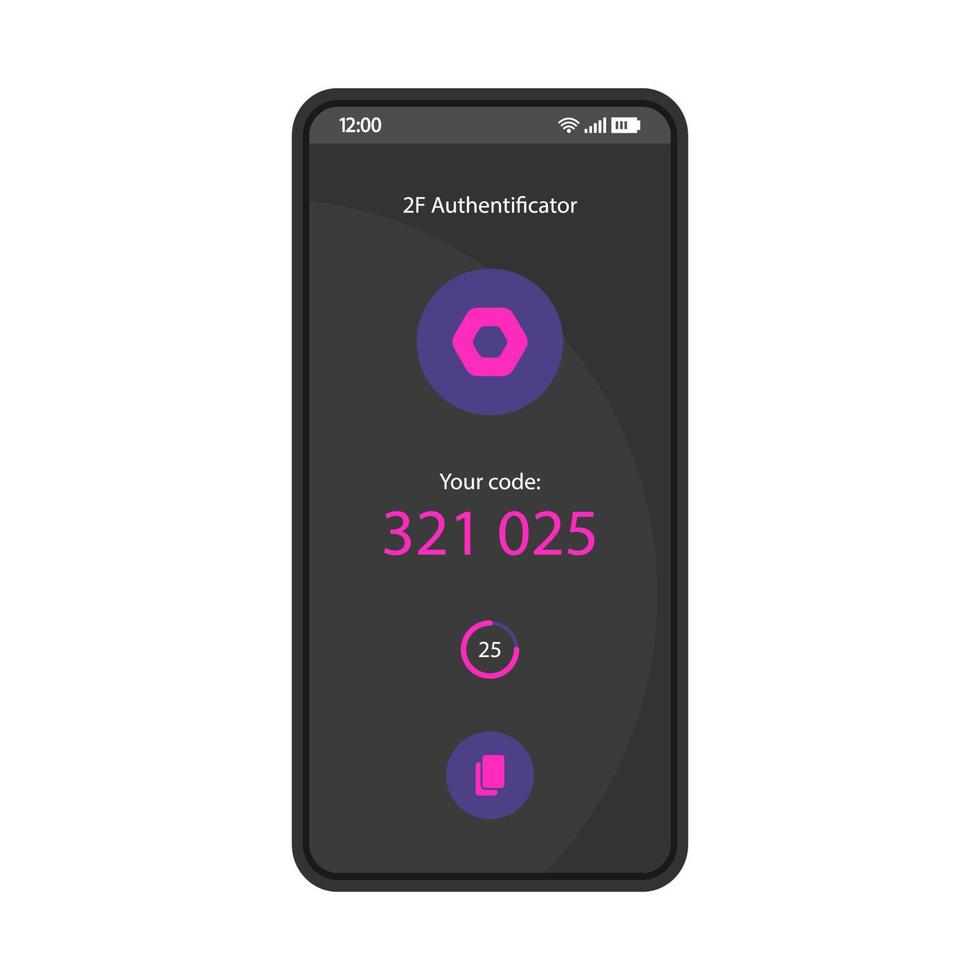 Modelo de vetor de interface de smartphone de autenticador 2f. Layout de design em preto da página do aplicativo de segurança móvel. tela de autenticação multifator. interface do usuário plana para aplicação. verificação em duas etapas. display do telefone