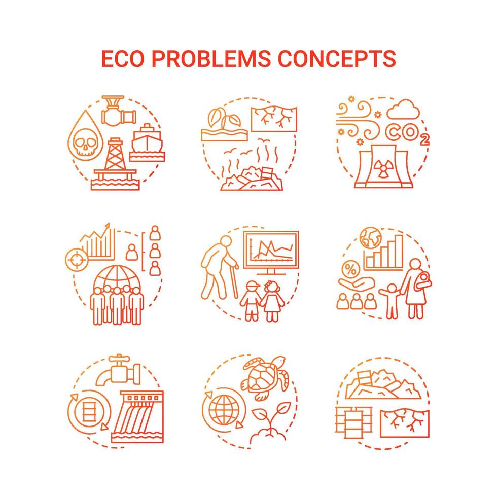 Conjunto de ícones do conceito de problemas ecológicos. ilustração de linha fina de ideia de desastre ecológico em vermelho. poluição da água, solo e ar. superpopulação e biodiversidade. desenhos de contorno de vetor isolado