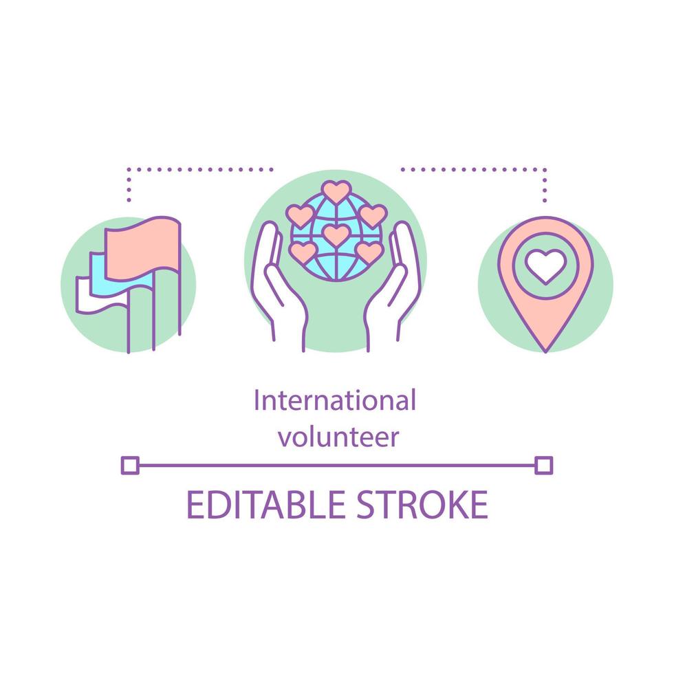 ícone do conceito internacional de caridade. captação de recursos global. ilustração de linha fina de ideia de filantropia. programa de voluntariado no exterior. ajuda humanitária. desenho de contorno isolado de vetor