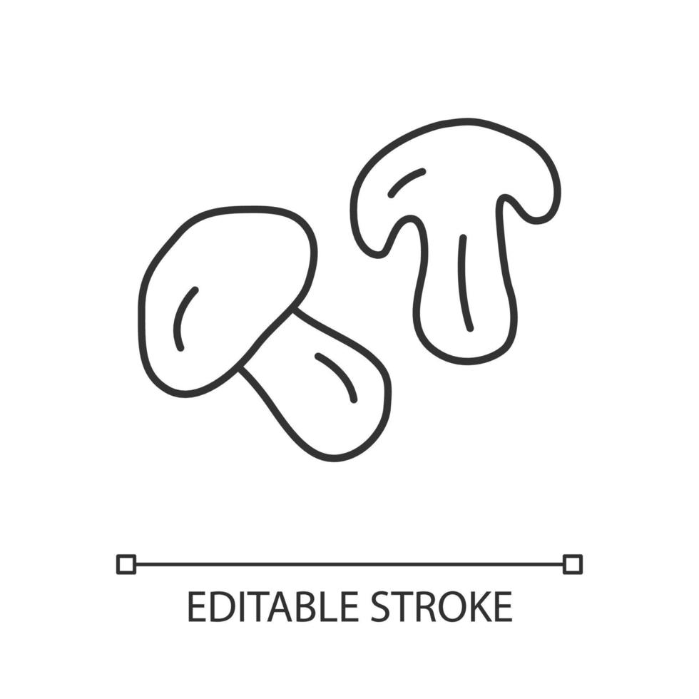 ícone linear de cogumelo comestível. corte champignon, ilustração de linha fina de fatia de shiitake. nutrição saudável, símbolo de contorno de comida vegetariana. desenho de contorno isolado de vetor de planta de floresta. curso editável