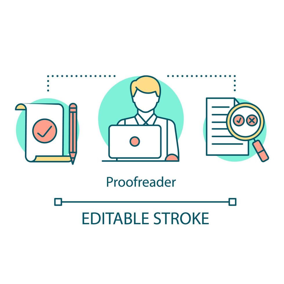 ícone do conceito de serviços de tradução. carreira de revisor, ilustração de linha fina de ideia de profissão. verificação de documentação legal e oficial, papéis. desenho de contorno isolado do vetor. curso editável vetor