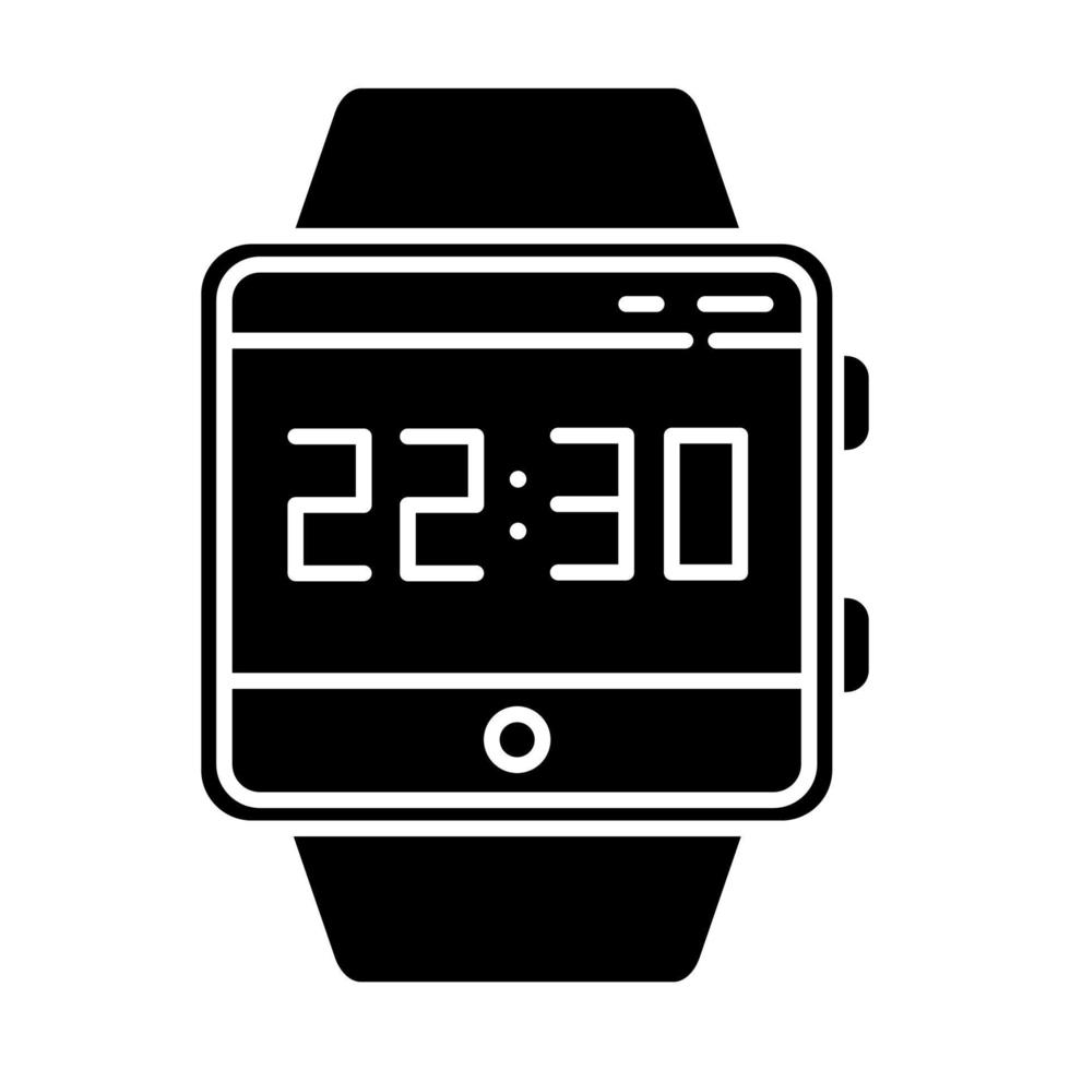 ícone de glifo da função smartwatch de hora atual. símbolo da silhueta. pulseira de fitness. relógio, medição de tempo. contagem de horas, minutos e segundos. espaço negativo. ilustração isolada do vetor