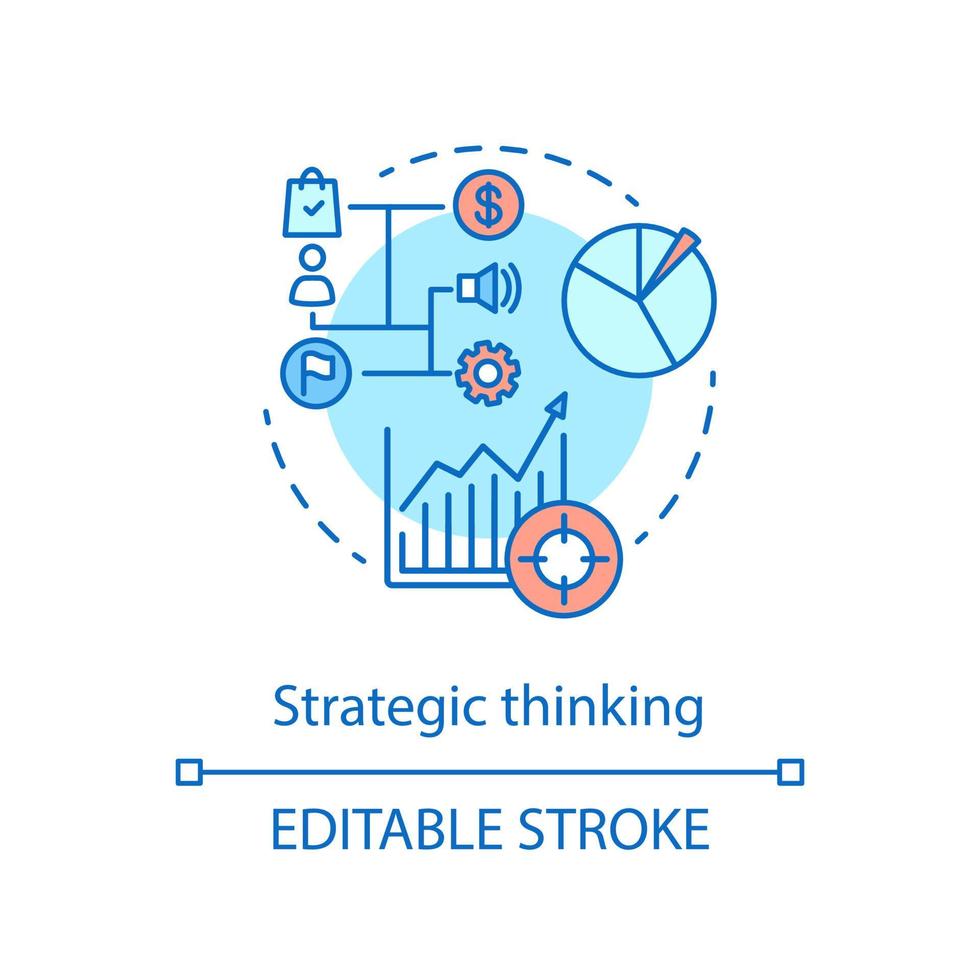 ícone do conceito de pensamento estratégico. análise de marketing. oportunidades de geração. planejamento de força de trabalho. ilustração de linha fina de ideia de mapeamento mental. desenho de contorno isolado do vetor. curso editável vetor