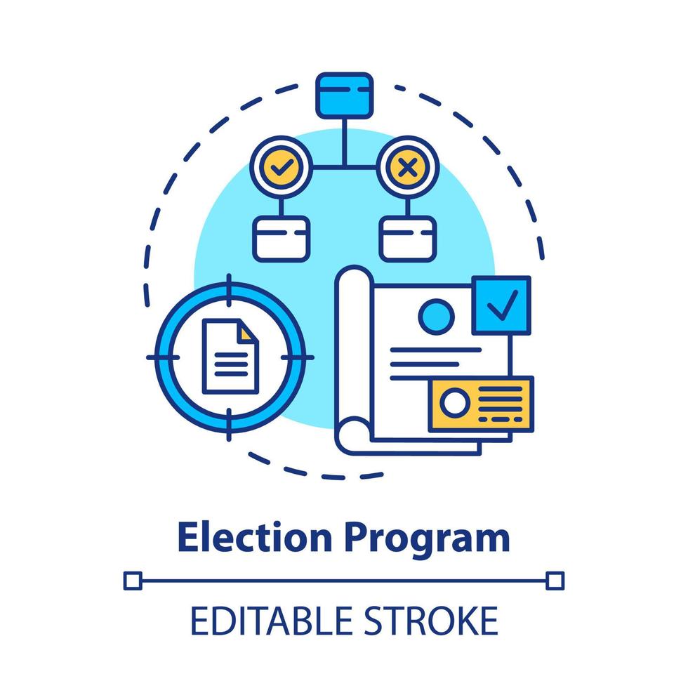 ícone do conceito de eleições. ilustração de linha fina de ideia de programa eleitoral. votação, referendo, opinião pública e escolha. apresentar novas idéias. desenho de contorno isolado do vetor. curso editável vetor