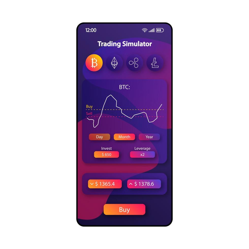 Modelo de vetor de interface de smartphone de simulador de negociação btc. layout de design de violeta de página de aplicativo móvel. tela de classificação de bitcoin. interface do usuário plana para aplicação. investimento em criptomoeda e uso de tela do telefone