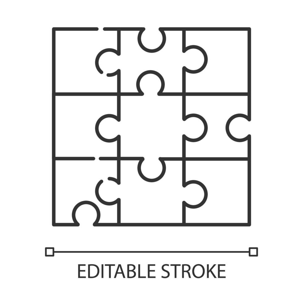 ícone linear de quebra-cabeça. telha, jogo de montagem. peças interligadas. teste de engenhosidade. quebra-cabeças. ilustração de linha fina. símbolo de contorno. desenho de contorno isolado do vetor. curso editável vetor