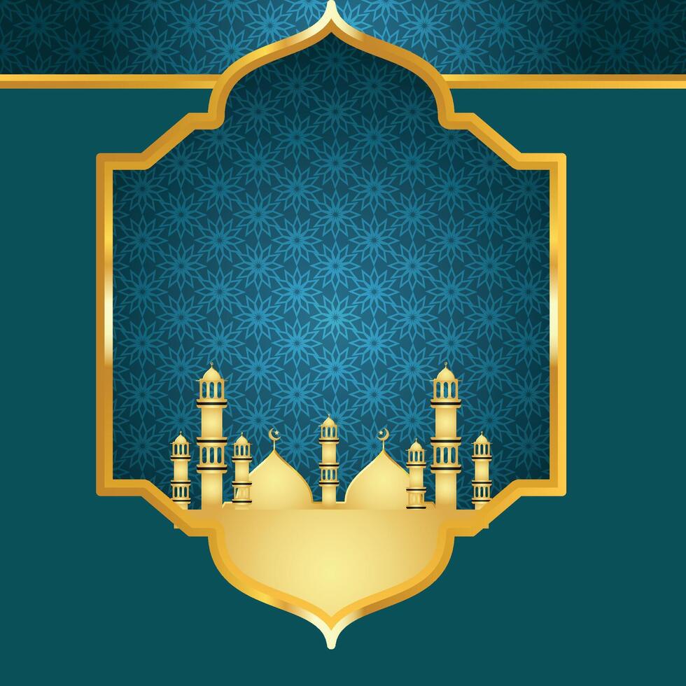 arco islâmico árabe fundo ornamental de luxo verde e dourado com moldura de padrão islâmico vetor