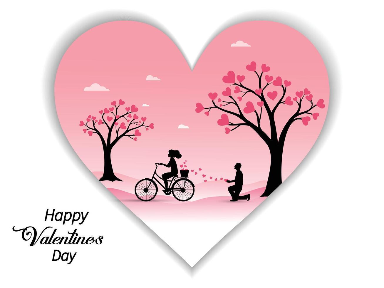 romântico casal em bicicleta. feliz dia dos namorados dia cumprimento fundo debaixo uma amor árvore. vetor