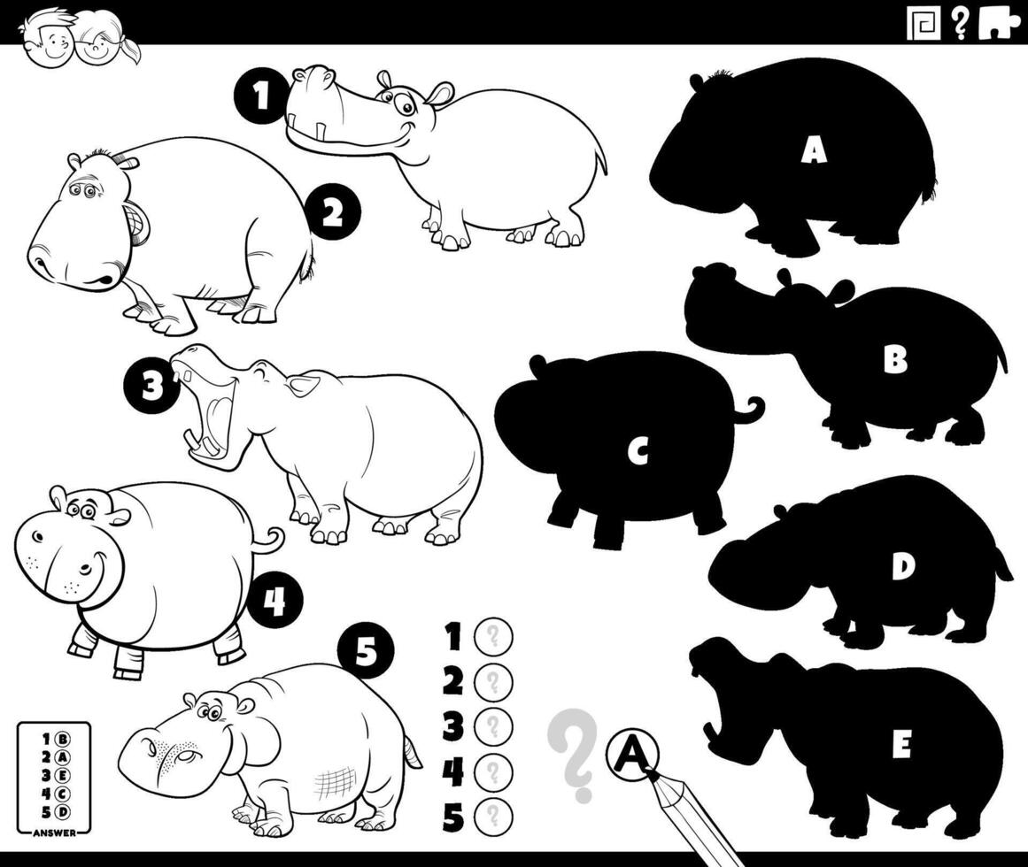 sombras atividade com desenho animado hipopótamos coloração página vetor