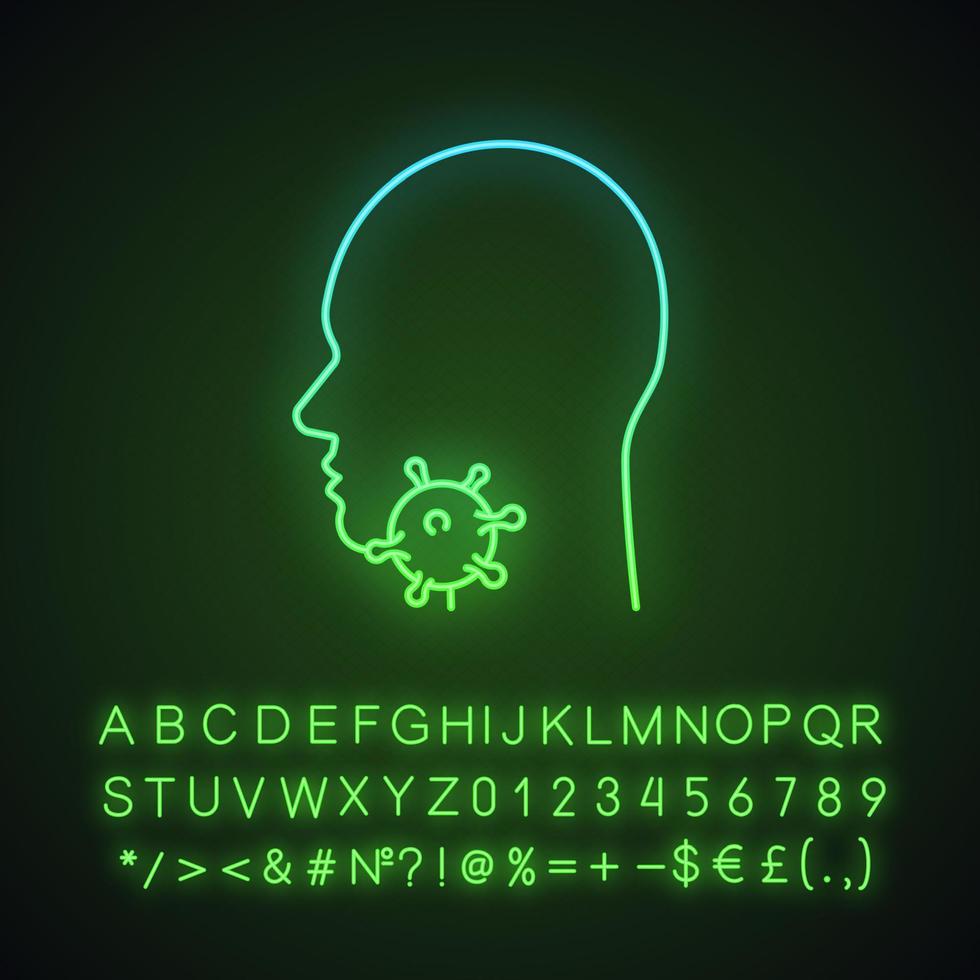 ícone de luz de néon de garganta dolorida. glândulas, amígdalas, inflamação da faringe. faringite. infecção pelo vírus da garganta. epidemias de influenza. sinal brilhante com alfabeto, números, símbolos. ilustração isolada do vetor