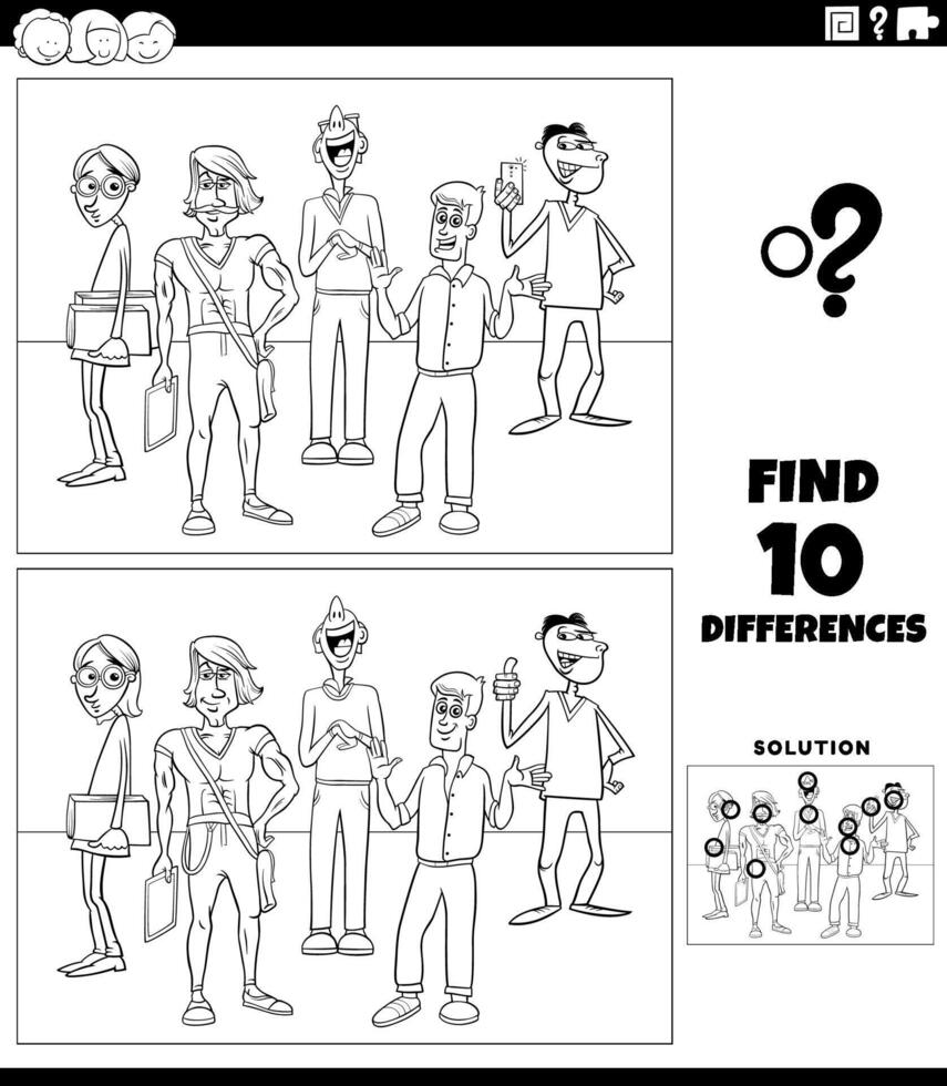 diferenças atividade com desenho animado jovem homens coloração página vetor