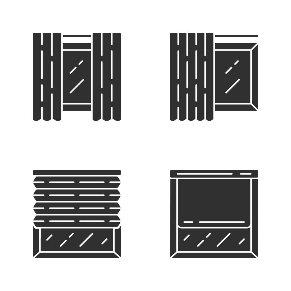 conjunto de ícones de glifo de cortinas e coberturas de janela. par de painéis, trilhos, persianas plissadas, cortinas de rolo. design de interiores, loja de decoração para casa. símbolos de silhueta. ilustração isolada do vetor