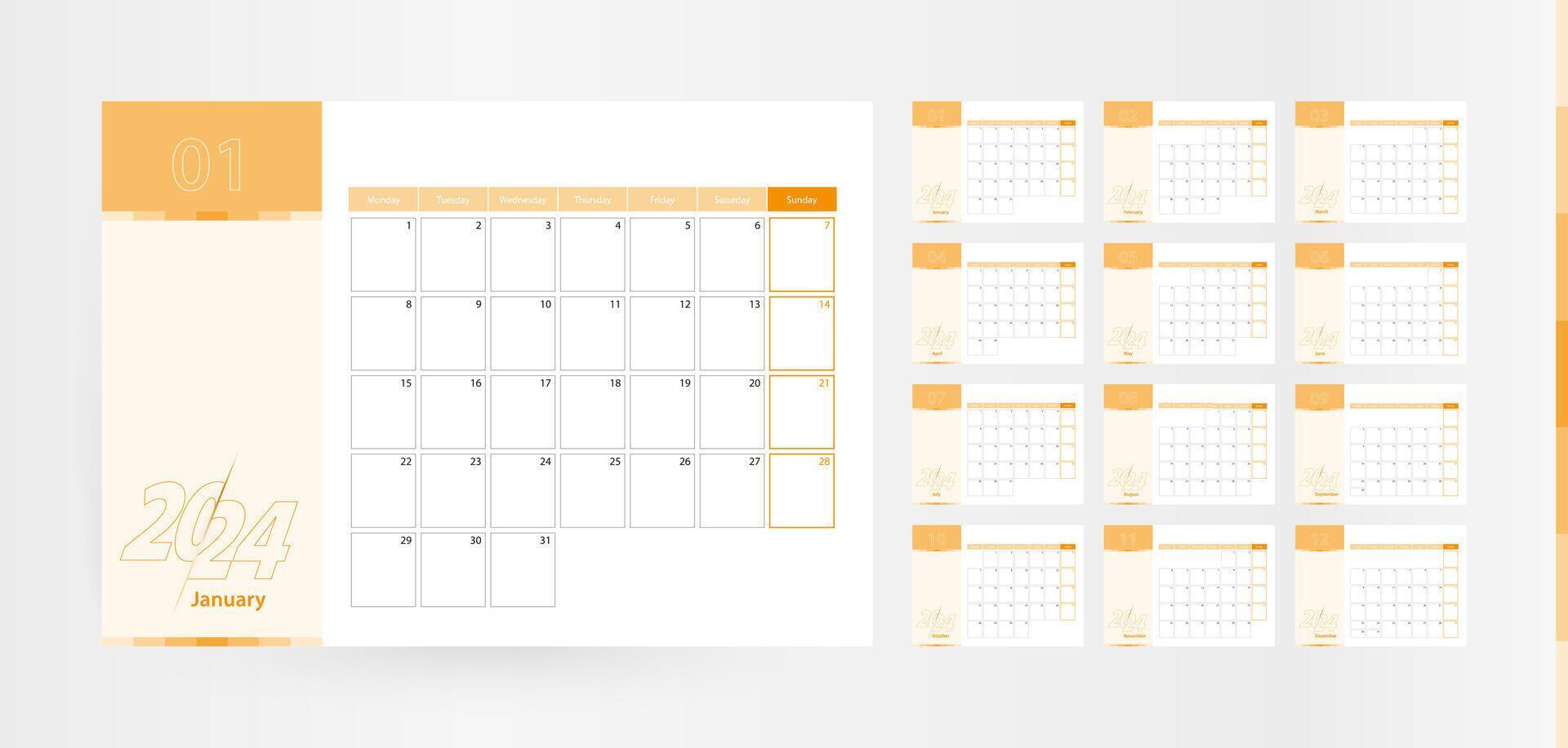 horizontal planejador para a ano 2024 dentro a laranja cor esquema. a semana começa em segunda-feira. uma parede calendário dentro uma minimalista estilo. vetor