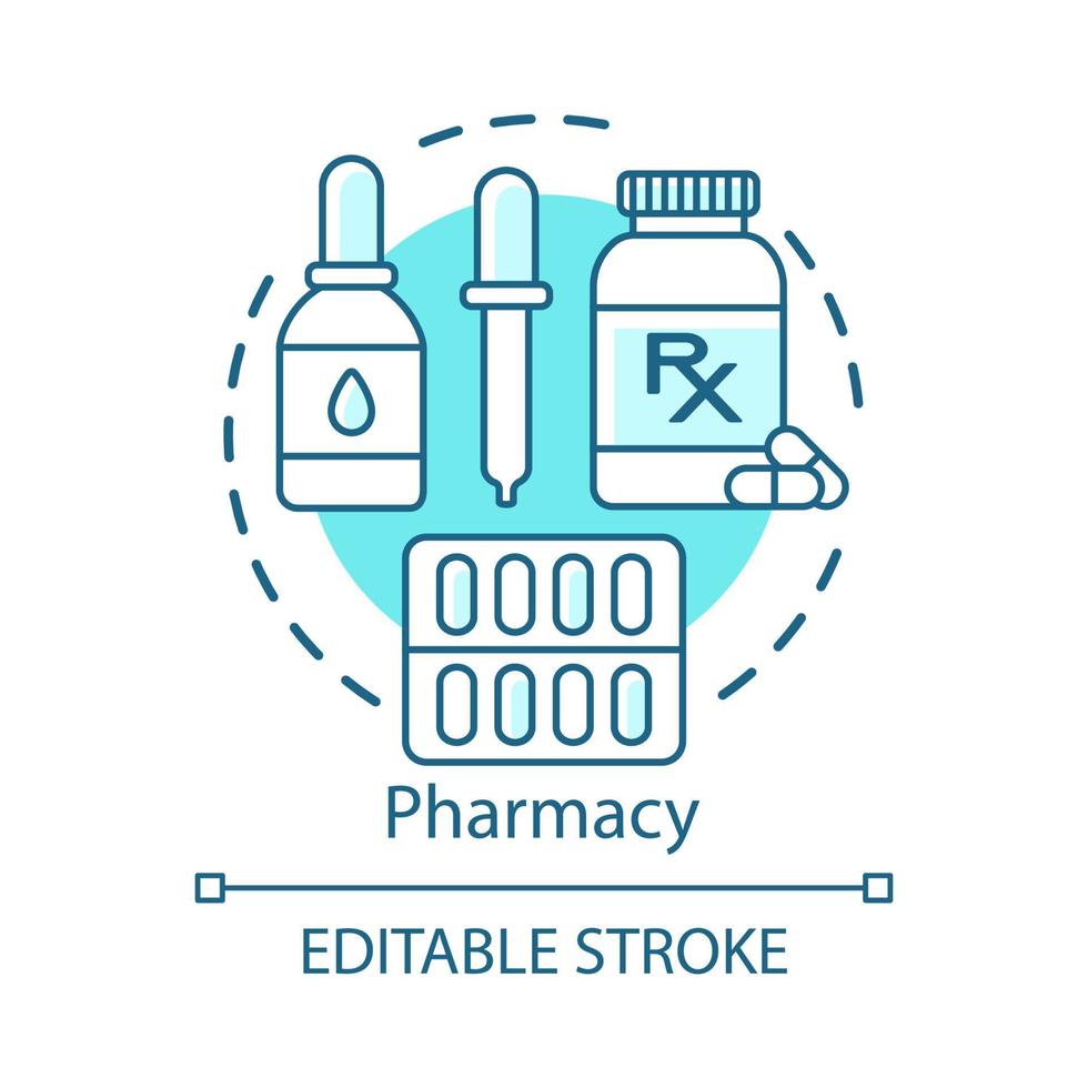 ícone do conceito de farmácia. produtos farmacológicos. remédios, drogas em comprimidos, gotas, cápsulas. plano de tratamento. ilustração de linha fina de ideia de farmácia. desenho de contorno isolado do vetor. curso editável vetor