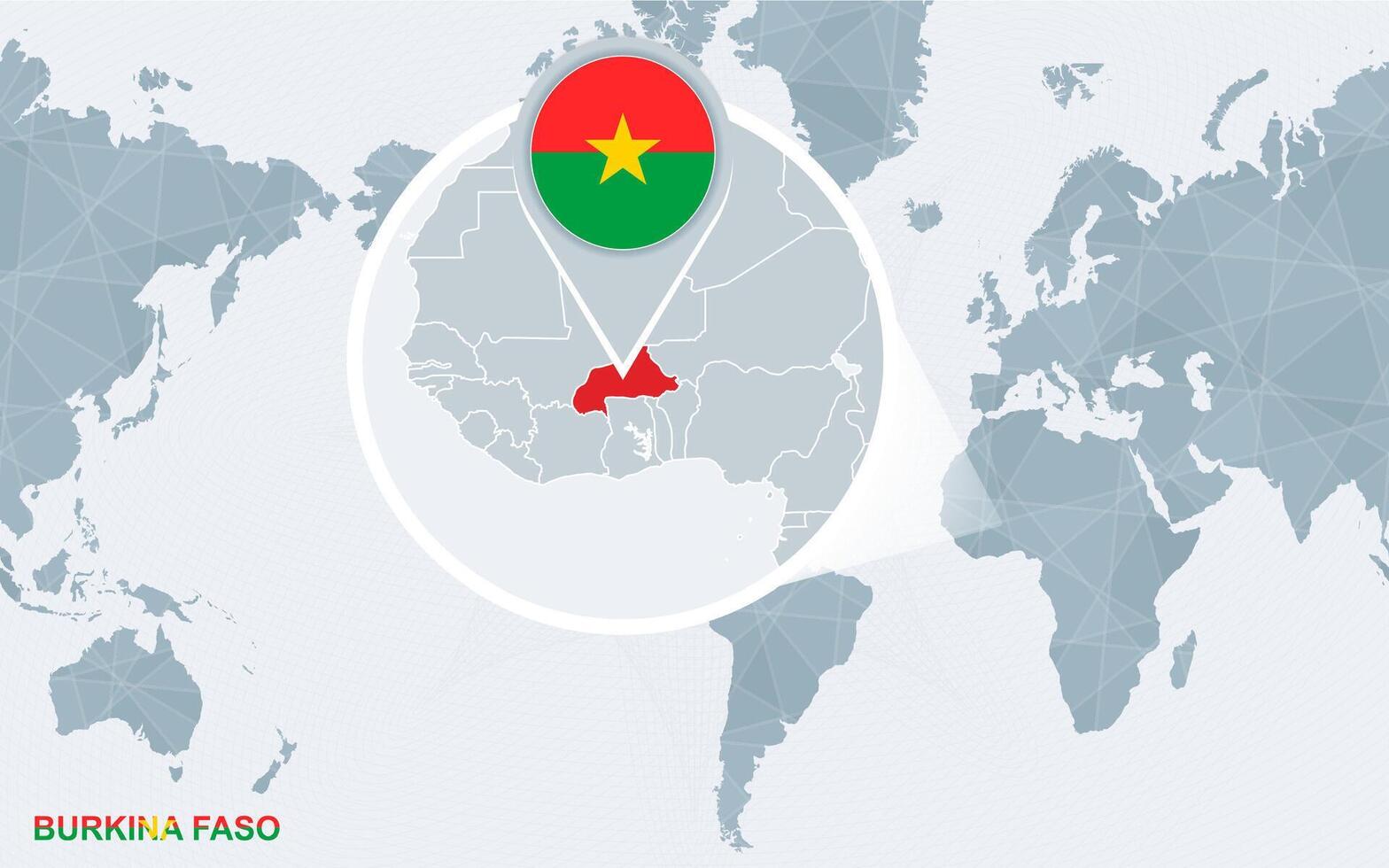 mundo mapa centrado em América com ampliado burkina faso. vetor