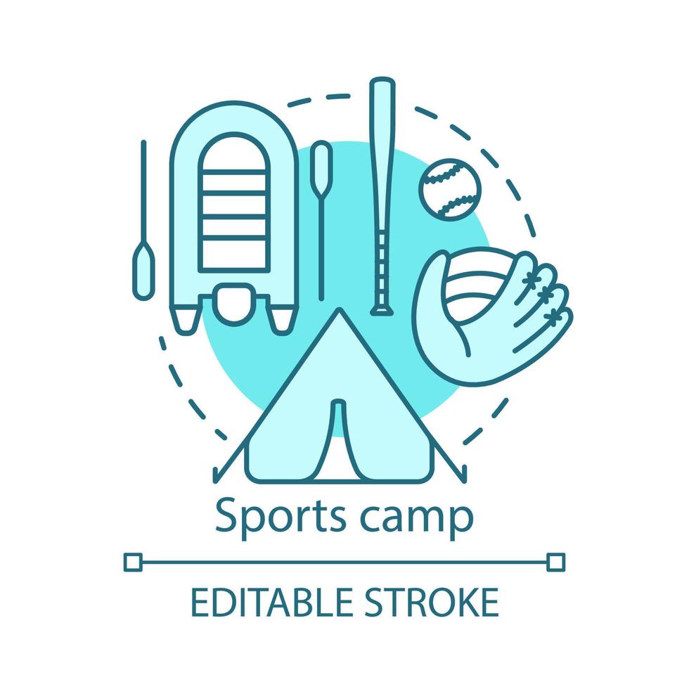 ícone do conceito de acampamento de esportes. clube ativo e competitivo de verão, ilustração de linha fina de ideia de resort de férias. esporte, comunidade voltada para a saúde. desenho de contorno isolado do vetor. curso editável vetor