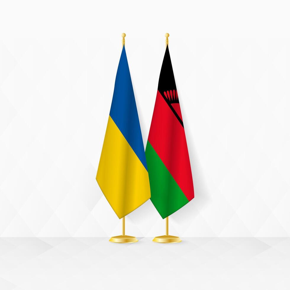 Ucrânia e malawi bandeiras em bandeira ficar em pé, ilustração para diplomacia e de outros encontro entre Ucrânia e maláui. vetor