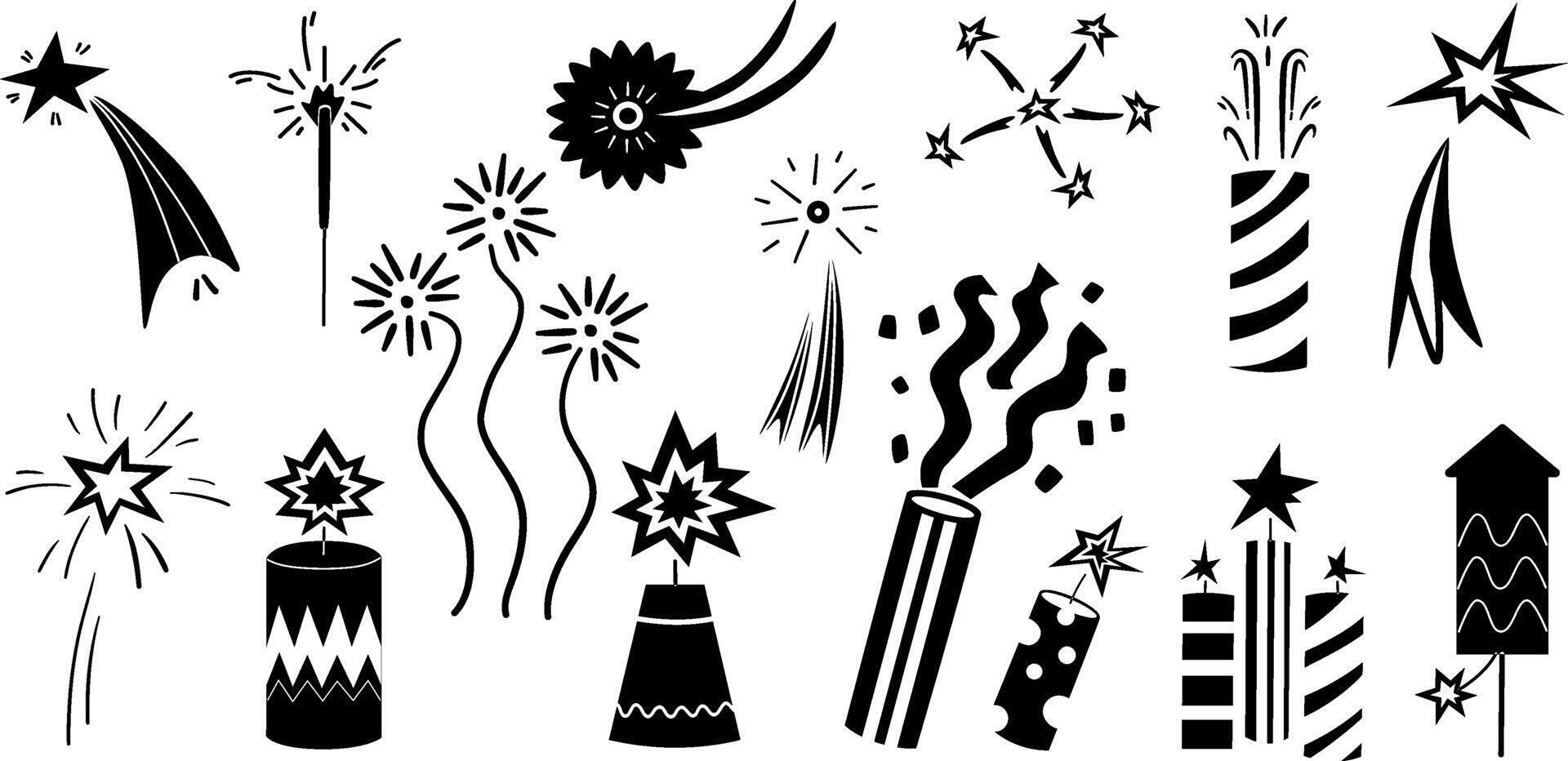 uma conjunto do silhuetas do fogos de artifício, foguetes, fogos de artifício. celebração. vetor