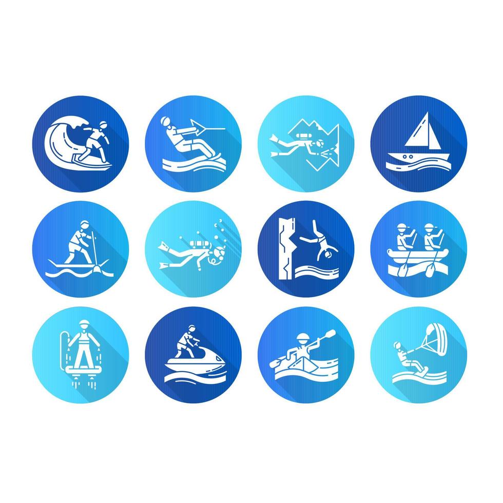 esportes aquáticos design plano conjunto de ícones de glifo de sombra longa. mergulho em cavernas, kitesurf, flyboard e jet ski. salto do penhasco e remo surf. esportes radicais. ilustração da silhueta do vetor