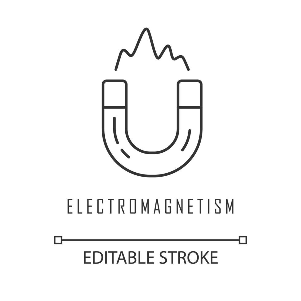 ícone linear de eletromagnetismo. força eletromagnética. fenômenos físicos do campo magnético. ímã em ferradura. ilustração de linha fina. símbolo de contorno. desenho de contorno isolado do vetor. curso editável vetor