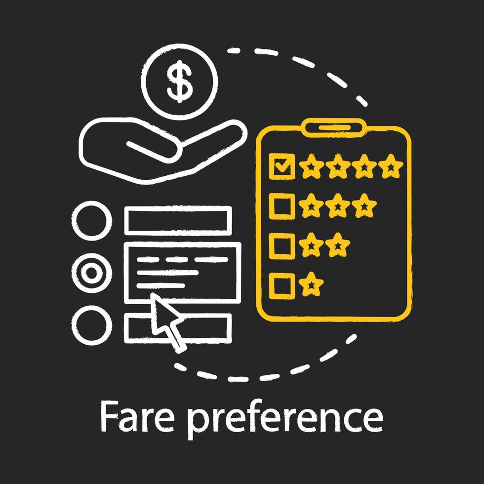 ícone de giz de preferência de tarifa. pagamento de transporte público. despesas de viagem. serviços, preço de classes de companhias aéreas. amenidades de avião. gastos dos passageiros. ilustração vetorial isolado quadro-negro vetor