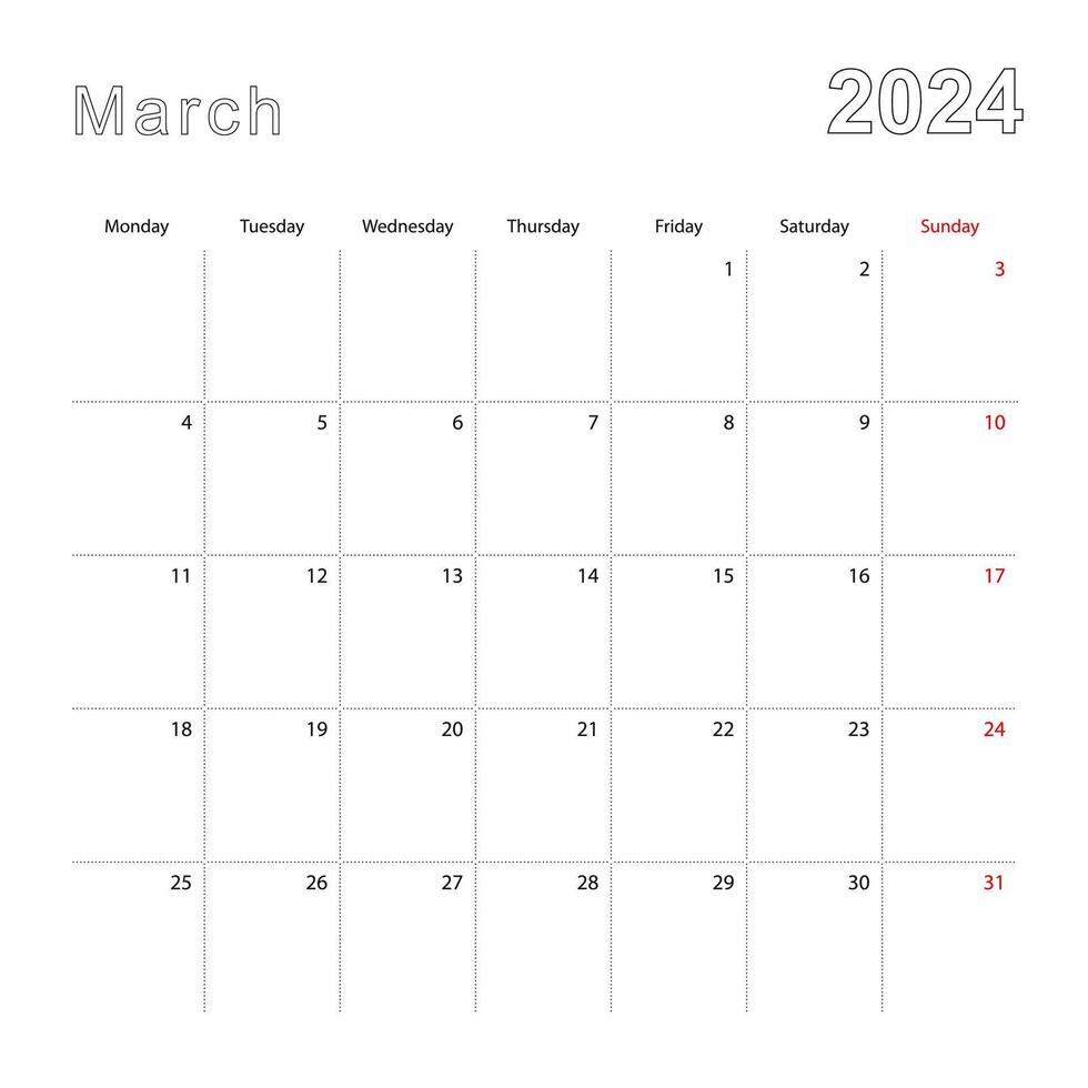 simples parede calendário para marcha 2024 com pontilhado linhas. a calendário é dentro inglês, semana começar a partir de segunda-feira. vetor