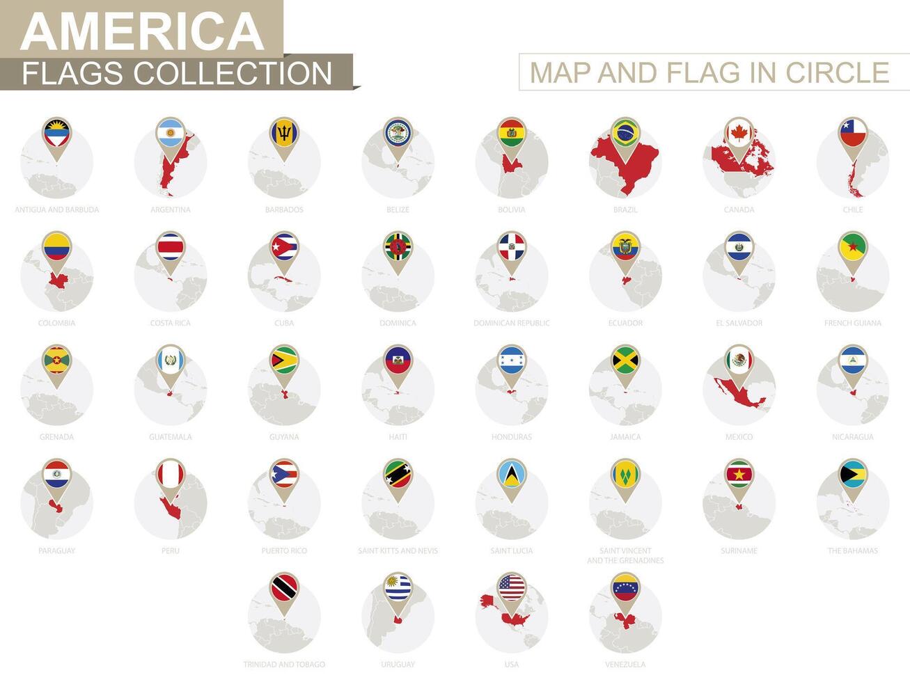 mapa e bandeira dentro círculo, América países coleção. vetor
