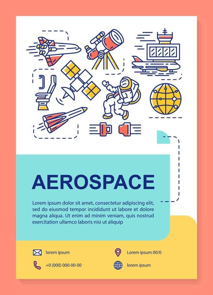 layout de modelo de cartaz da indústria aeroespacial. cosmos, exploração espacial. banner, livreto, design de impressão de folheto com ícones lineares. layouts de página de brochura de vetor para revistas, folhetos de publicidade