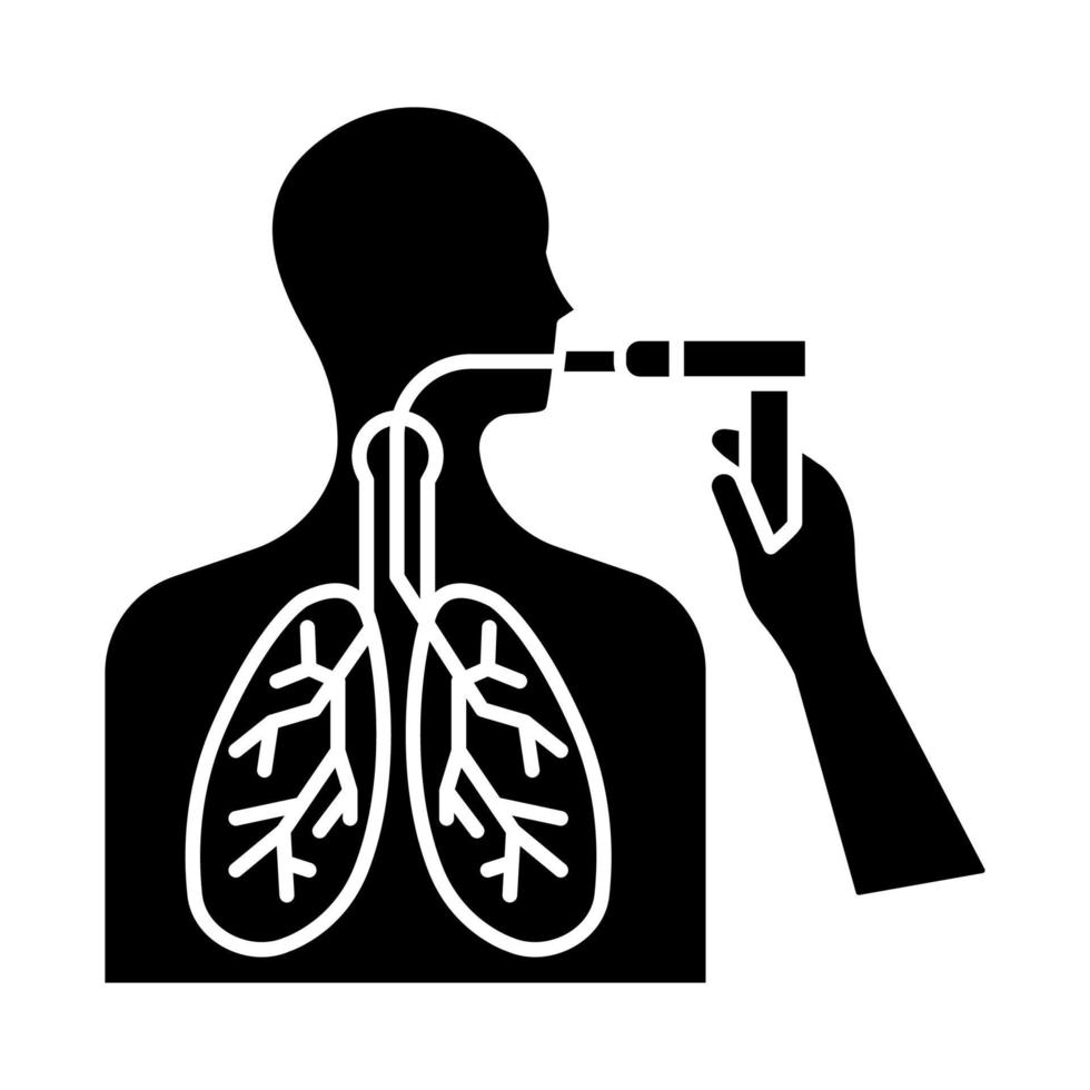 ícone de glifo de broncoscopia. verificação das vias aéreas. exame de risco de câncer de pulmão. procedimento médico. endoscopia de tórax. cuidados de saúde. diagnóstico de doença. símbolo da silhueta. espaço negativo. ilustração isolada do vetor