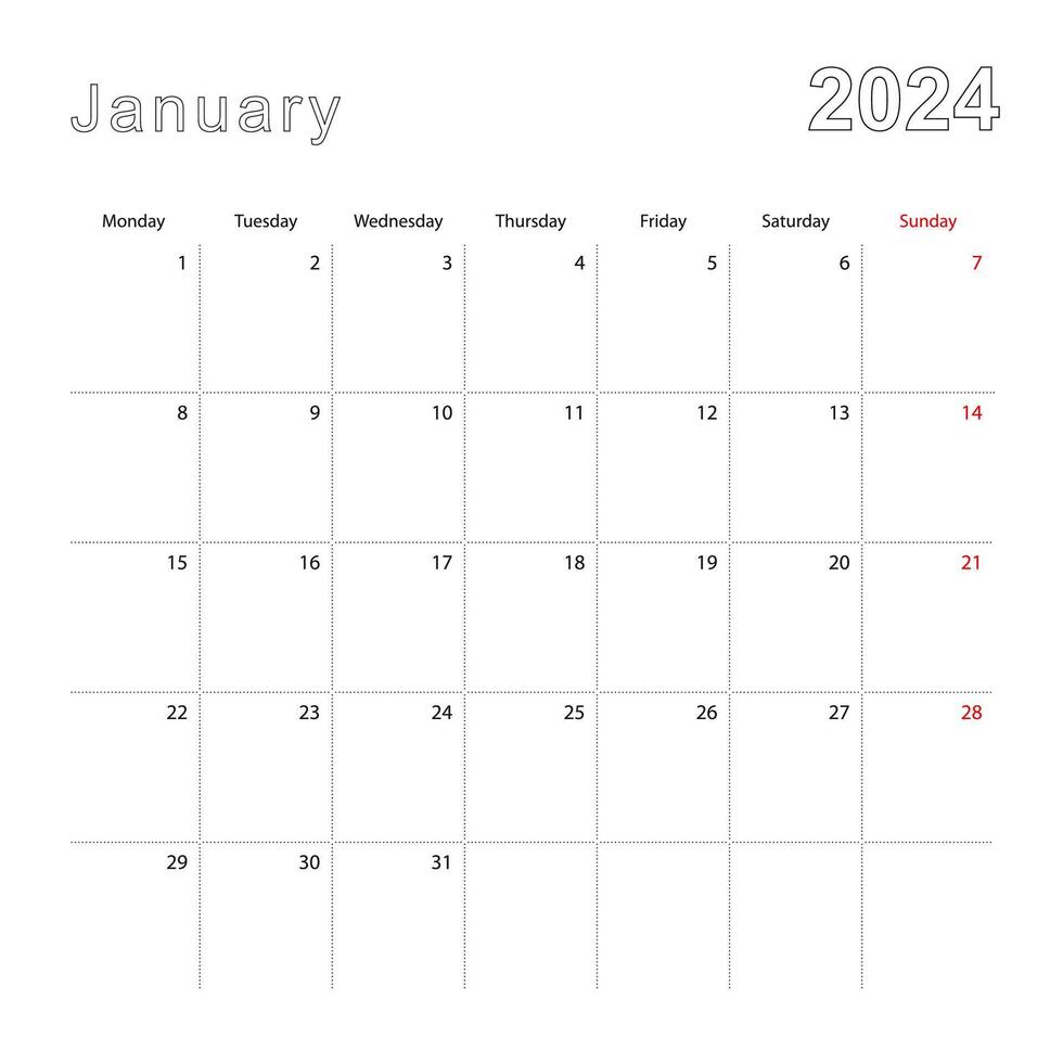 simples parede calendário para janeiro 2024 com pontilhado linhas. a calendário é dentro inglês, semana começar a partir de segunda-feira. vetor